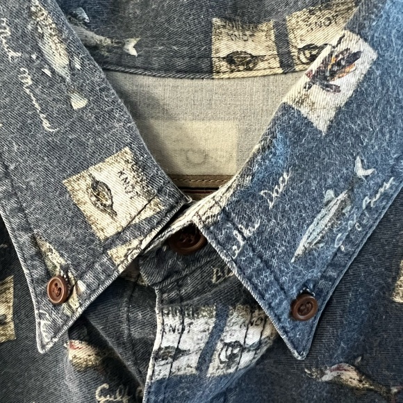 CLEARANCE Men’s Medium Woolrich Fishing Patterned Blue Button Down Shirt - Picture 4 of 10